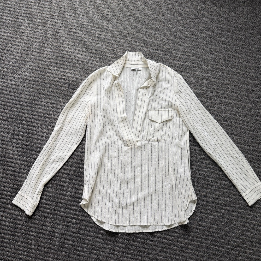Ganni Ivory Striped Long-Sleeve V-Neck Blouse